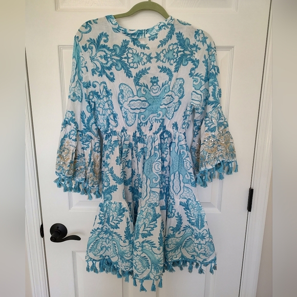 Antica Sartoria Boho Beach Dress Coverup Blue and White Floral Gold Sequins NWT - Picture 3 of 10